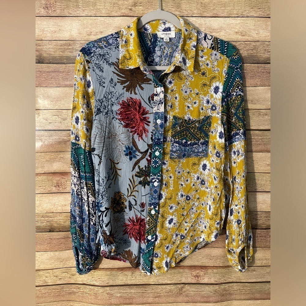 Umgee Women’s Floral Rayon Button Down Blouse Shirt Tunic Top Size: Small